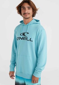 Felpa con cappuccio di colore azzurro chiaro con tasca frontale, caratterizzata da un logo nero centrato sul petto. Tessuto morbido con polsini e orlo a coste.