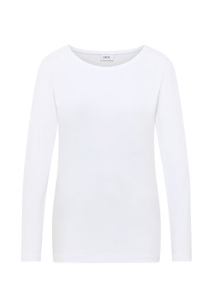 Weißes Langarm-Shirt aus weichem Baumwollstoff. Es hat einen runden Halsausschnitt und eine schmale Passform, die für Komfort und Vielseitigkeit sorgt.