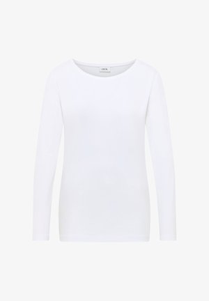 Witte lange mouwen top gemaakt van zachte katoenstof. Heeft een ronde halslijn en een aangesloten pasvorm, ontworpen voor comfort en veelzijdigheid.