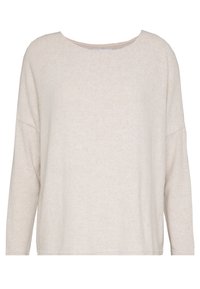 Beige, långärmad tröja med vid halsringning, avslappnad passform och mjukt, texturerat tyg. Har minimal sömnad och rak fåll.