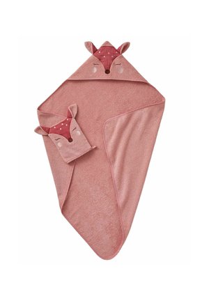 Pink hooded baby towel and matching washcloth with closed-eye animal face, ears, and white polka dot detail on hood corners.