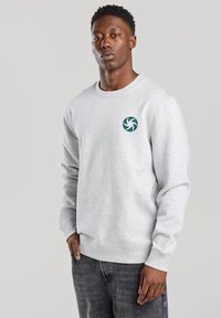 Gray sweatshirt with a round neckline and ribbed cuffs. Features a green spiral logo on the left chest. Textured fleece material.