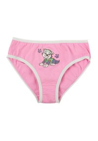 Mutandine di cotone rosa con un design di un cane cartone animato sul davanti, rifinite con bordi grigio chiaro e dettagli a forma di impronta di zampa.