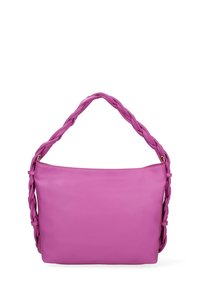 Borsa a mano in pelle rosa con tracolla intrecciata, caratterizzata da una texture liscia e da un ampio scomparto con zip.