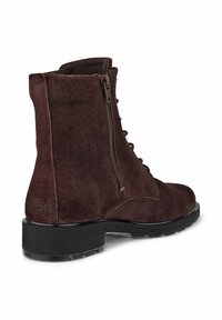 Brown suede ankle boot with a smooth finish, featuring a side zipper, lace-up design, and a textured rubber sole for traction.
