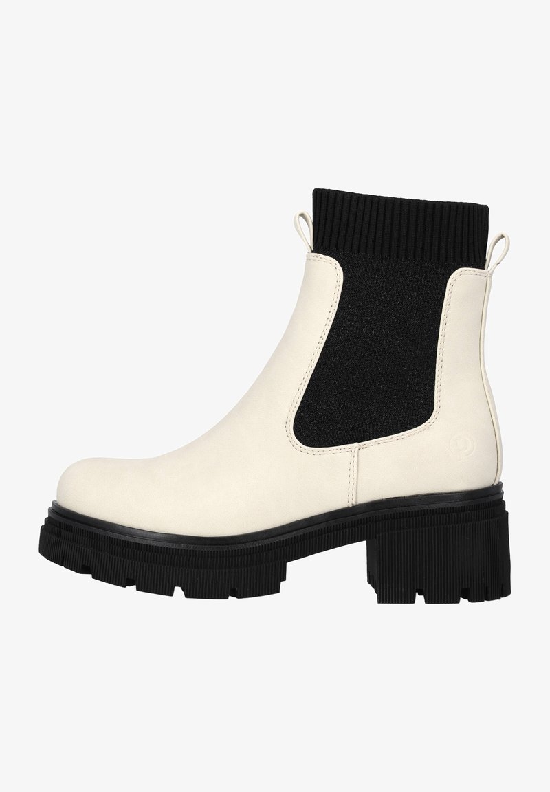 Bottines à talon épais en cuir crème avec un panneau élastique noir. Présentent une semelle en caoutchouc texturée et des languettes pour un enfilage facile.