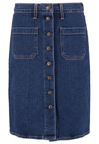 Denim skirt in dark blue, featuring a front button closure, two side pockets, and a straight cut design. Smooth texture with contrasting stitching.