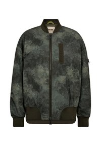 Maslinasto zelena bomber jakna s teksturiranom, uzorkovanom površinom. Ima prednji zip, rebraste manžetne i džep na prsima s preklopom.