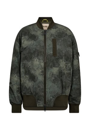 Olive green bomber jacket with a textured, patterned surface. Features a front zipper, ribbed cuffs, and a chest pocket with a flapped detail.