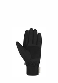 Schwarze Handschuhe aus weichem, glattem Material, mit einem verstärkten Palmennbereich, elastischem Handgelenkbund und einem Zugband für eine sichere Passform.
