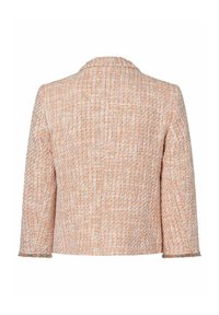 Oranžovo-bílý texturovaný kabát z tvídu s klopovým límcem, tříčtvrtečními rukávy a třásněmi na lemu.