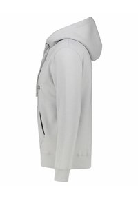 Lichtgrijze hoodie van zacht materiaal met een voorzak, capuchon met trekkoord en ribbels aan de manchetten en onderkant. Bevat een logo op de borst.