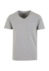 T-shirt grigia a scollo a V realizzata in tessuto misto cotone, con maniche corte e taschino sul lato sinistro del petto. Texture liscia con un design informale.