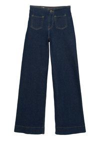 Jean en denim bleu foncé à jambes larges, poches avant, fermeture par boutons et coutures contrastées visibles.