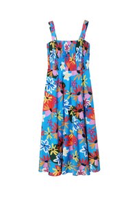 Robe bleue sans manches avec corsage smocké et imprimé floral multicolore vif comprenant des fleurs rouges, blanches, jaunes, roses et noires.