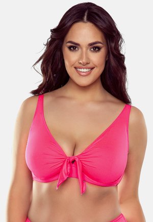 Rosa Bikini-Oberteil aus glattem Material, mit einem tiefen V-Ausschnitt, dünnen Trägern und einem Knoten-Detail auf der Vorderseite.