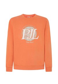 Sudadera de algodón naranja con cuello redondo, mangas largas y puños acanalados. Presenta un estampado blanco con la marca "PJL" y "Pepe Jeans".
