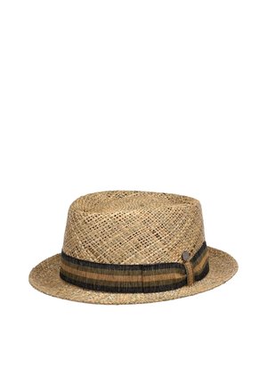 Woven straw fedora hat with a black and brown striped fabric band and small round metal accent on the side.