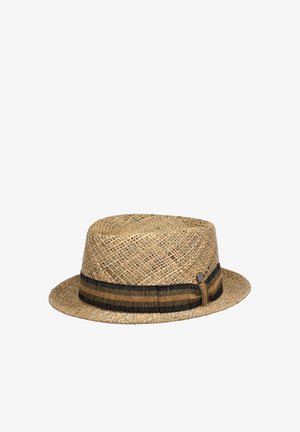 Woven straw fedora hat with a black and brown striped fabric band and small round metal accent on the side.