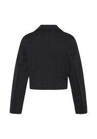 Blazer noir court avec manches longues et col, montré de dos sur fond blanc.