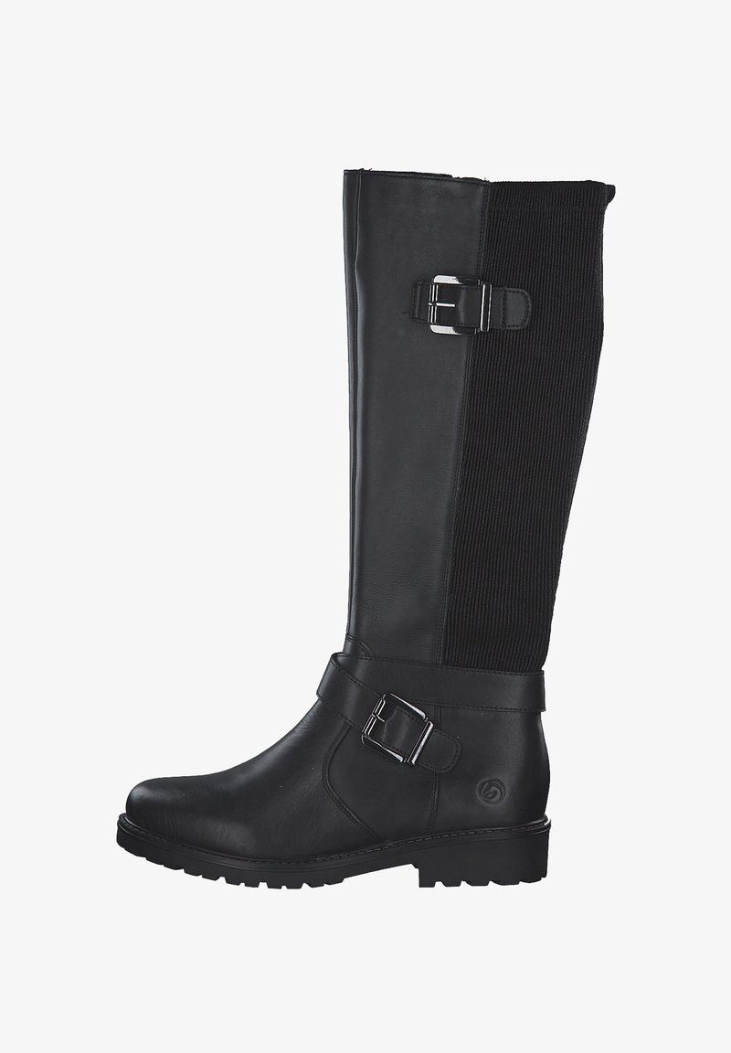 Schwarze kniehohe Stiefel mit einer glatten Lederfront, einem gerippten Stoffrücken, einem verstellbaren Riemen mit metallischer Schnalle und einer robusten, profilierten Sohle.