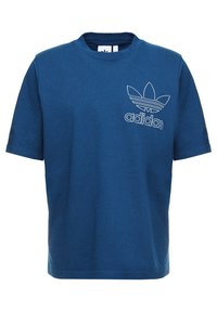 Blå t-shirt i bomull med rund halsringning, kort ärm och en vit broderad Adidas-logotyp med en trefoil-design på bröstet.
