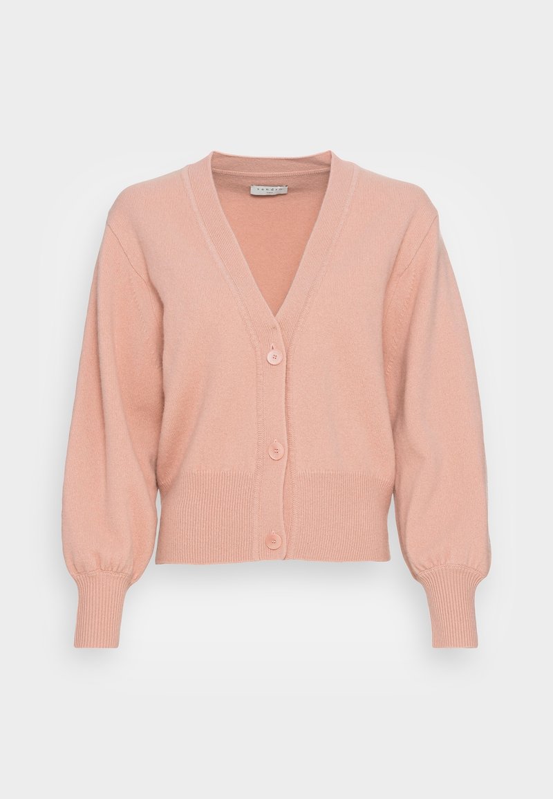 Cardigan à boutons rose clair avec col en V, manches longues bouffantes et poignets et ourlet côtelés, présenté sur un fond uni.