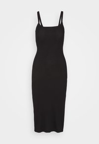 Robe midi noire sans manches avec double bretelles fines et silhouette ajustée.