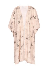 Letvægts, semi-gennemsigtig kimono i lys pink med et blomstret gråt mønster, åben front og løse, svævende ærmer. Blødt stof med en glat tekstur.