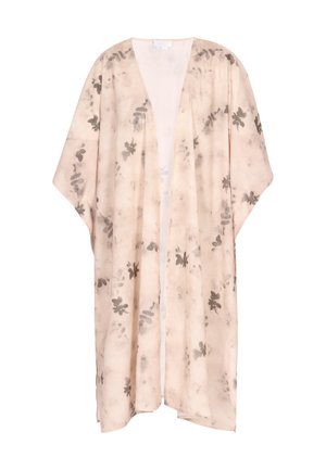 Lightweight, semi-sheer kimono in pale pink with a floral gray pattern, open front, and loose, flowing sleeves. Soft fabric with a smooth texture.