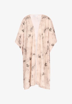 Lightweight, semi-sheer kimono in pale pink with a floral gray pattern, open front, and loose, flowing sleeves. Soft fabric with a smooth texture.