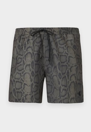 Costume da bagno da uomo con motivo a pelle di serpente grigio e nero e cordino nero in vita elastica.