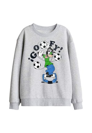 Grauer Sweatshirt mit einer Cartoon-Figur, die drei Fußbälle über Sneakers jongliert, umgeben von dem Text "GO FY!" in fetten Buchstaben.