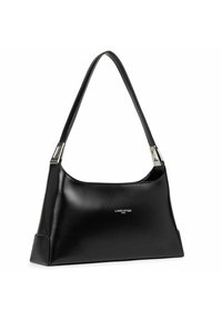 Borsa a mano in pelle nera con una texture liscia, forma semi-strutturata, tracolla larga, elementi hardware in argento e logo frontale.