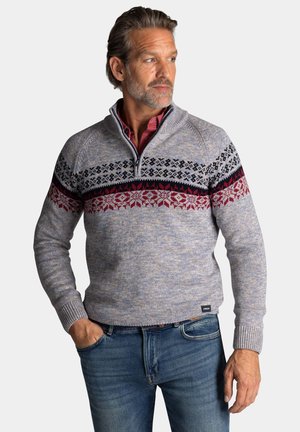 Textured knit pullover in light gray with a patterned band of red, black, and white snowflakes. Features a half-zip collar and ribbed cuffs.