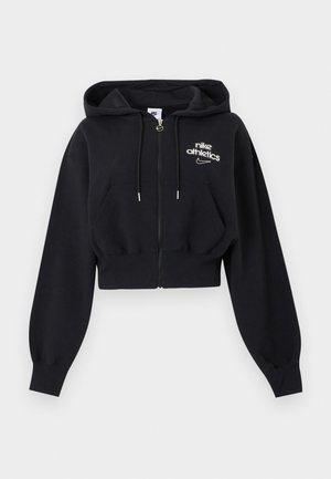 Fekete, rövidített fazonú cipzáras kapucnis pulóver húzózsinórokkal, elülső zsebekkel, bordázott mandzsettákkal és "nike athletics" logóval a bal mellrészen.