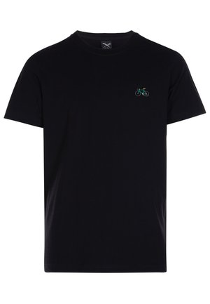 Black cotton t-shirt featuring a small green and yellow bicycle embroidery on the left chest. Standard crew neck and short sleeves.