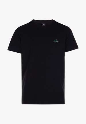 Schwarzes Baumwoll-T-Shirt mit einer kleinen grünen und gelben Fahrradstickerei auf der linken Brust. Standard Rundhalsausschnitt und kurze Ärmel.