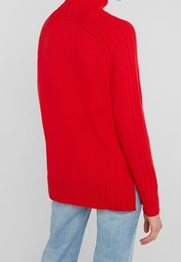 Pull en tricot rouge à col roulé avec des accents côtelés, doté de manches longues et d'une coupe décontractée. Le dos présente une texture lisse avec des coutures verticales.