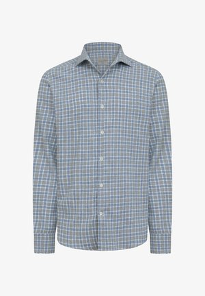Blau- und graues kariertes Hemd aus gewebtem Stoff, mit spitzem Kragen und Knopfleiste an der Vorderseite, langen Ärmeln und einem abgerundeten Saum.