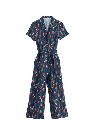 Marineblauw jumpsuit met korte mouwen en bloemenprint, brede pijpen en een bijpassende ceintuur gestrikt in de taille.