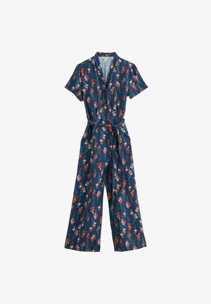 Námornícka modrá kvetinová krátky rukáv overal so širokými nohavicami a zodpovedajúcim opaskom previazaným v páse.