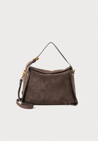 Brown suede handbag with a geometric design, featuring a top handle and removable shoulder strap. Gold hardware accents and stitching details.