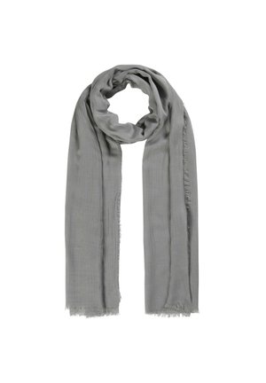 Écharpe grise en tissu léger, dotée d'une texture douce, de bords à franges et d'un design simple et fluide. Mesure environ 200 cm de long.
