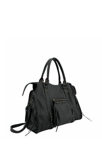 Sac à main en cuir noir avec surface texturée, doubles bandoulières, poche zippée à l'avant et détails métalliques dorés.