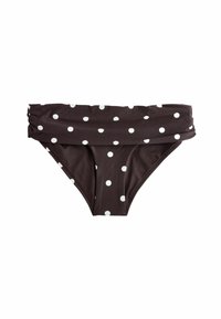 Pantaloni de bikini cu buline maro și pete albe. Dispune de un talie plisată și un textură netedă. Design clasic de îmbrăcăminte de baie cu un croi joasă.