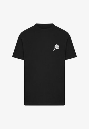 Schwarzes Kurzarm-T-Shirt mit einer kleinen weißen Grafik eines Padel-Schlägers und -Balls auf der linken Brust.