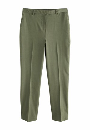 Olivgrüne Hose aus leichtem Stoff, mit geradem Schnitt, Bundfalten und Gürtel-Schlaufen für zusätzliche Details.