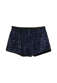 Tmavě modré šortky s texturovaným povrchem z flitrů a hladkou černou vnitřní podšívkou. Mají elastický pás pro pohodlí.