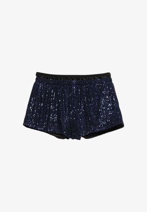 Granatowe szorty z teksturowaną, cekinową powierzchnią i gładką czarną podszewką. Posiadają elastyczną talię zapewniającą komfort.